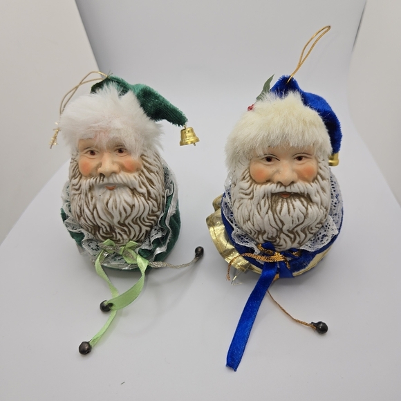 Set Of 2 Porcelain Bisque Santa Claus Head Christmas Ornament Velvet  4" - Picture 1 of 3